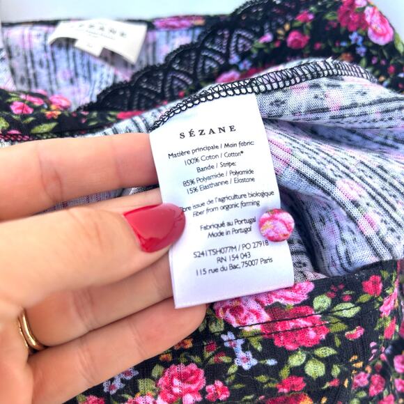 Sezane Jamie Floral Pink Black T-Shirt Blouse Feminine Romantic Dainty Medium - Picture 8 of 9